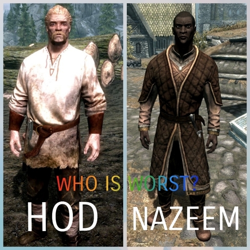 portraits of Skyrim npc Nazeem and Hod, with caption asking 'which is worst?'